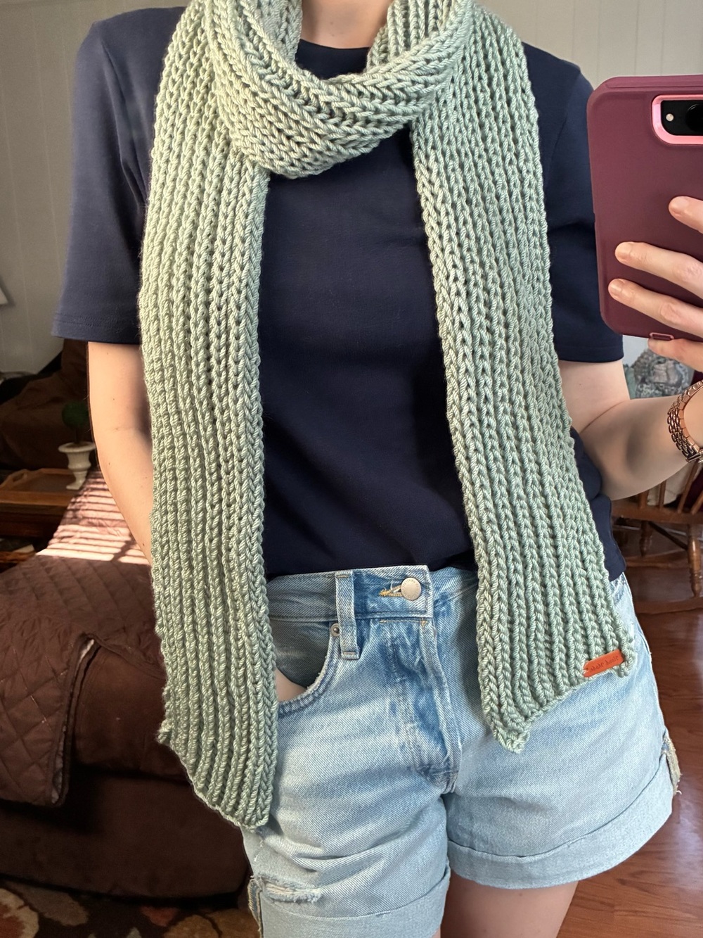 Hand Brioche Knit Sage Green Scarf~ warm, soft and textured